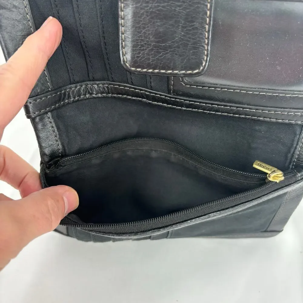 Fossil Folding Wallet Black Leather ID‎ Window Credit Card Coin Zip Pocket